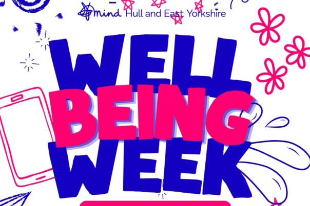 Wellbeing week in pink and blue text with a white background. There are outline drawings of a phone and flowers around the sides.