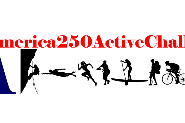 #America250ActiveChallenge logo with a rock climber, swimmer, runner, disc golfer, paddleboarder, hiker, biker, golfer and bowler