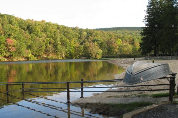 View of Greenwood Furnace State Park lake and beach