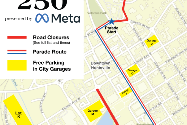 map showing road closures during America's 250th celebrations in downtown Huntsville.