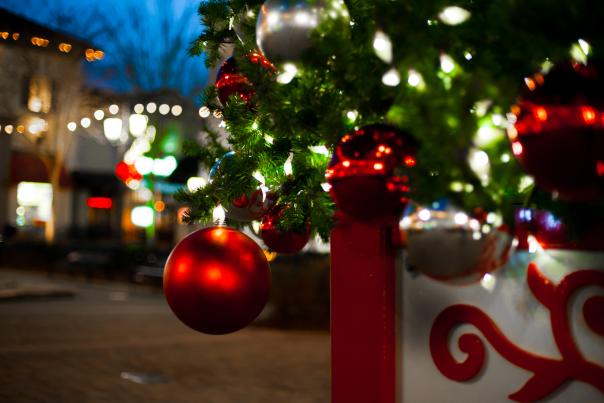 Close up of Christmas tree with red bulbs