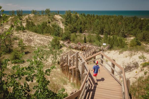 Boardwalk at Indiana Dunes State Park with a view of Lake Michigan