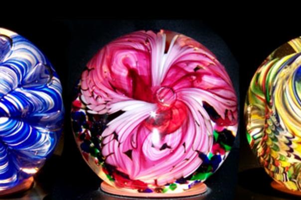 Glass orbs from Carol’s Legacy Crystal Art Glass in Elwood on the Indiana Glass Trail