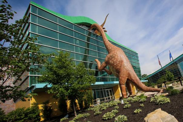 Dinosaurs outside the Children's Museum of Indianapolis