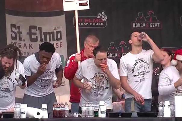 Joey Chestnut on his way to winning the 2017 St. Elmo Shrimp Cocktail Competition