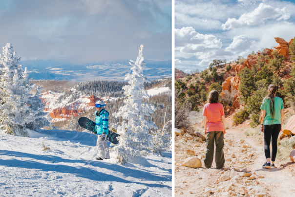 Split image showing snowboarding at Brian Head in winter and hikers exploring red rock trails near Cedar City in summer