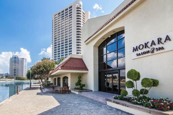 Exterior of Mokara Spa in Irving with Omni Las Colinas in the background