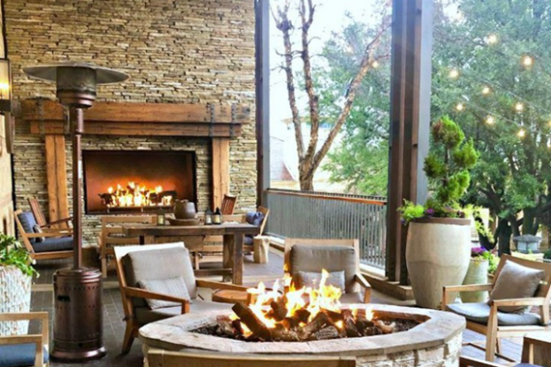 Outdoor patio with fireplace at the Four Seasons