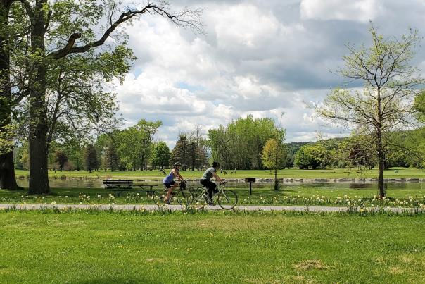 waterfront trail -- two cyclists in the spring