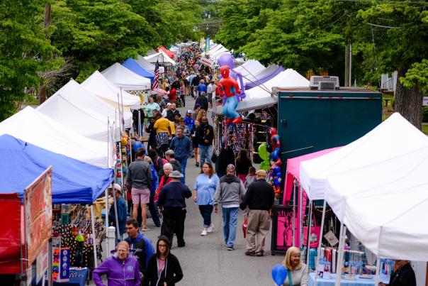 A large crowd and vendor tents from the annual Ham & Yam event held in Smithfield, NC.