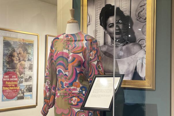 A colorful 1960s gown worn by Ava Gardner on display at the Ava Gardner Museum in Smithfield, NC.