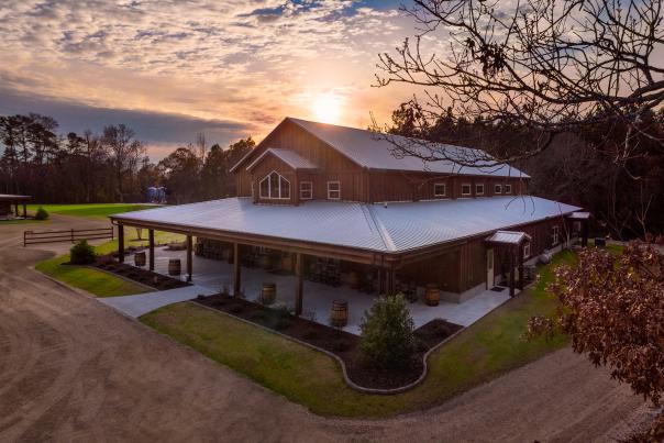 The Barn at Broadslab aerial shot at Broadslab Distillery in Benson NC.