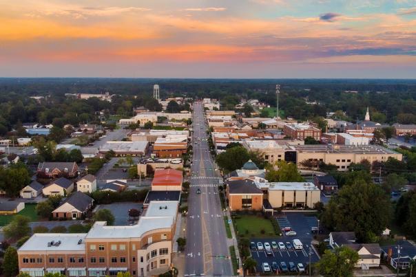 Aerial photos of Downtown Smithfield NC at dawn.