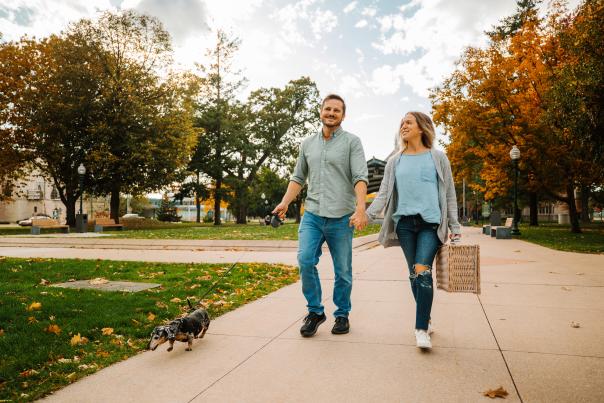 Couple holding hands, while walking a dog