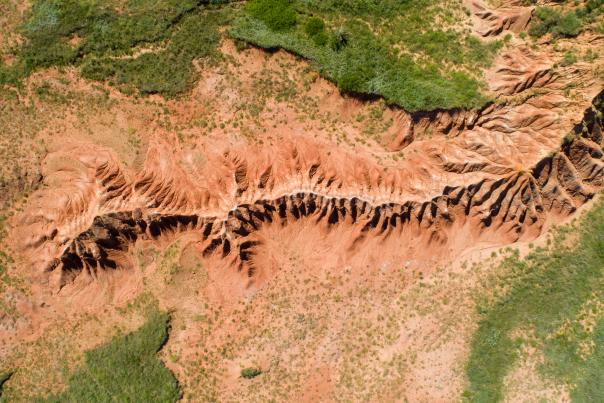 Looking down at a rugged landscape of red hills that looks like a spine. Patchy green grass surrounds the hills