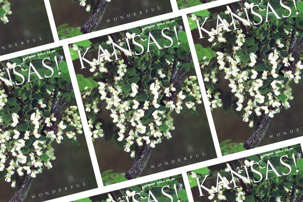 collage of the same magazine cover. The cover says "Kansas!" across the top and is an image of small white tree blossoms surrounded by green leaves