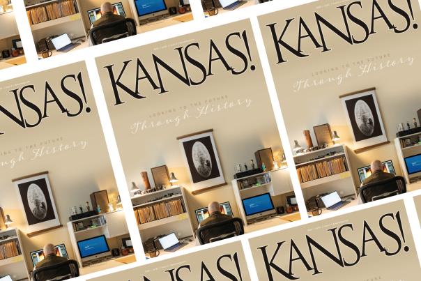 a collagae of covers of magazine, with the word "KANSAS!" across the top. The image is a man sitting at his desk, looking at his computer, with his back to the viewer.