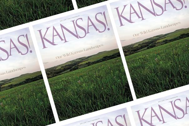 a graphic with a group of magazines, they are all the same. The magazine says "KANSAS!" across the top and have a green landscape on the cover.