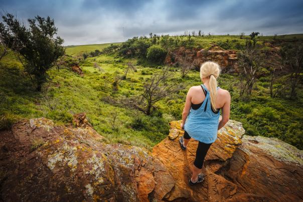 Woman stands on rock and overlooks a green landscape