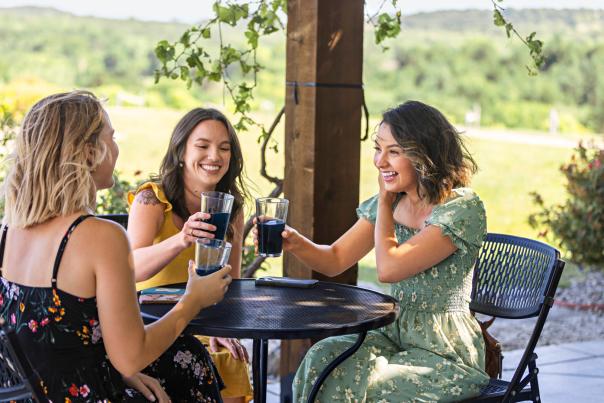 Friend group of young women enjoy drinks at Liquid Art Winery
