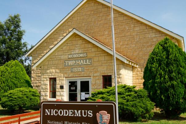 American flag flies outside Nicodemus historical site