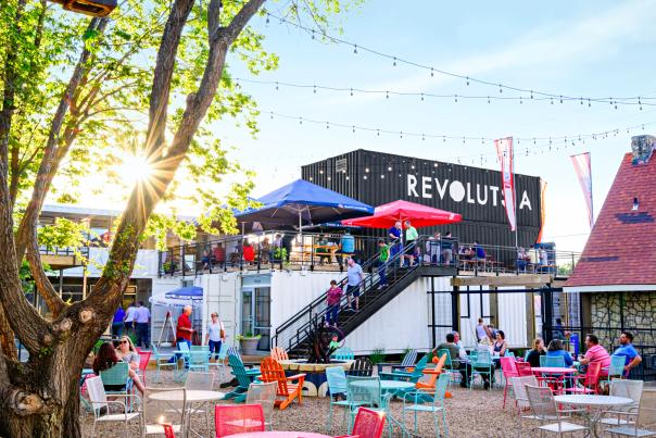Bright sunglight shines through Revolutsia outdoor seating