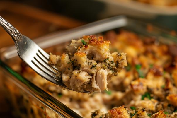 a fork holding a scoop of stuffing with chicken in the foreground, in the background is a casserole dish filled with the stuffing mix