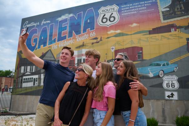 Family takes a selfie at the Galena Mural on Route 66