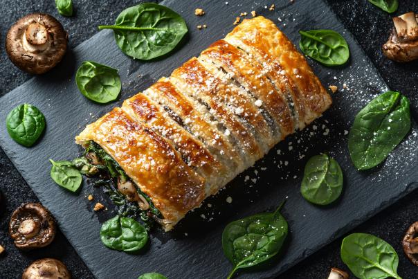 Looking down at a golden baked pastry, surrounded by mushrooms and leaves of spinach