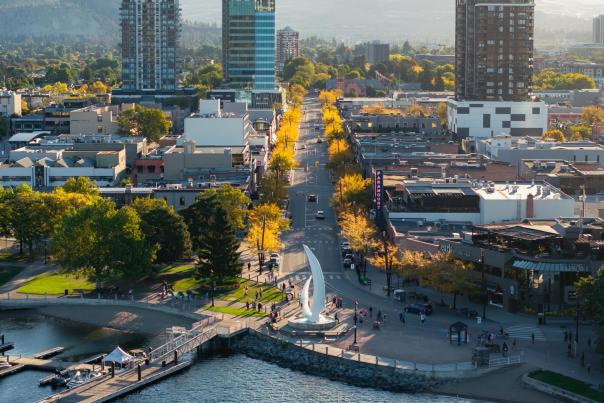 Bernard Avenue Downtown Kelowna during Fall Aerial 3