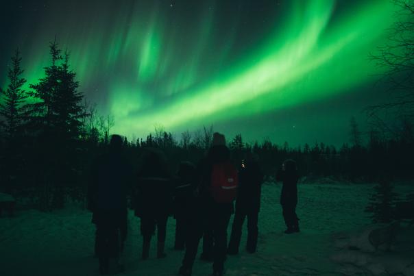 Group standing outside at nighttime in the Yellowknife, admiring the Northern Lights.