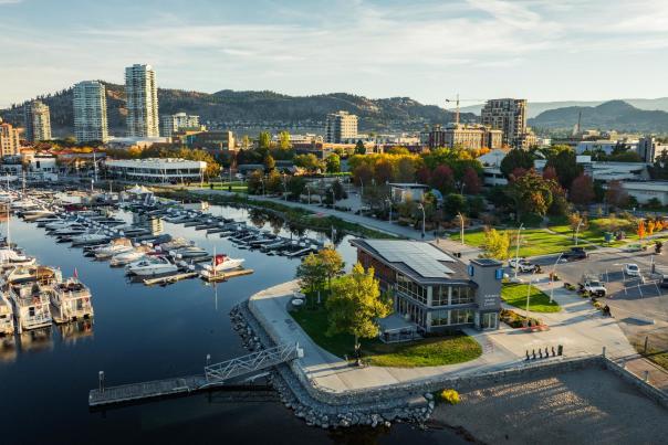 Kelowna Visitor Centre Downtown Kelowna during Fall Aerial 1
