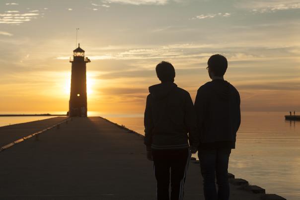 sunrise over Lake Michigan at North Pier Lighthouse