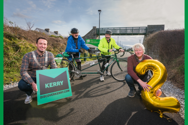Celebrating two years of Kingdom of Kerry Greenways are Mayor of Tralee, Cllr Mikey Sheehy, Brian Haslett & Mark Irvine, The Gourmet Boys, from Belfast and Deputy Mayor of Listowel, Cllr Michael Leane. Photo: Pauline Dennigan