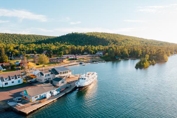 An aerial view of Copper Harbor looking at the ferry dock