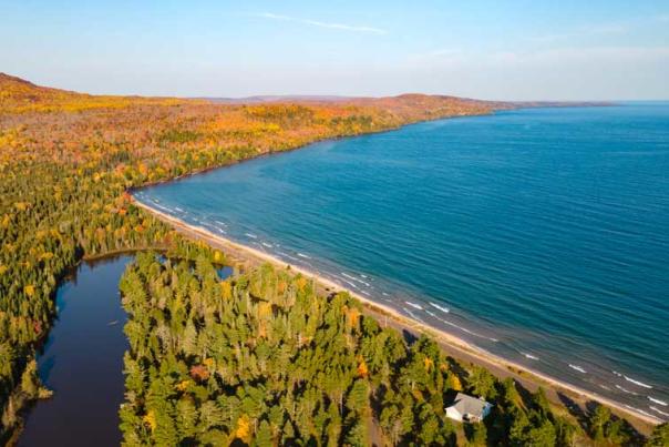 Aerial drone image of Lake Superior shoreline near Lac La Belle