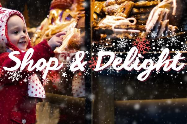 Shop & Delight Text with a little girl in red during winter