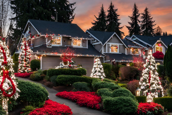 A house decorated in lights and poinsettias