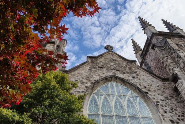 Front window and spire of St. John's Lutheran Church in Knoxville, TN