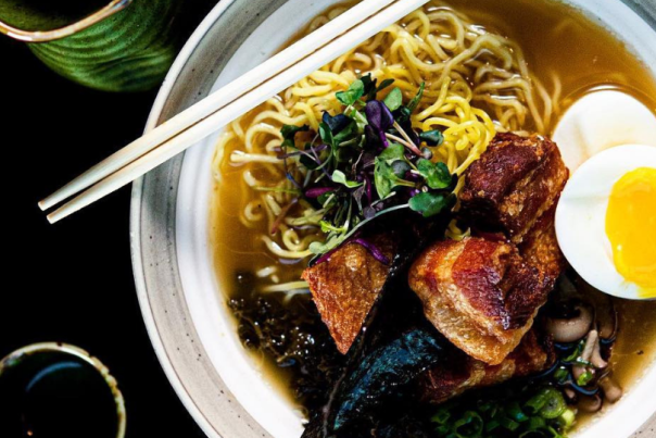A bowl of Tonkotsu ramen from Fin Two Japanese Ale House comes with crispy pork belly and braised kale.