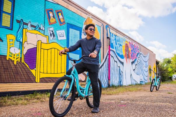 biking through the lake in front of Van Gogh murals