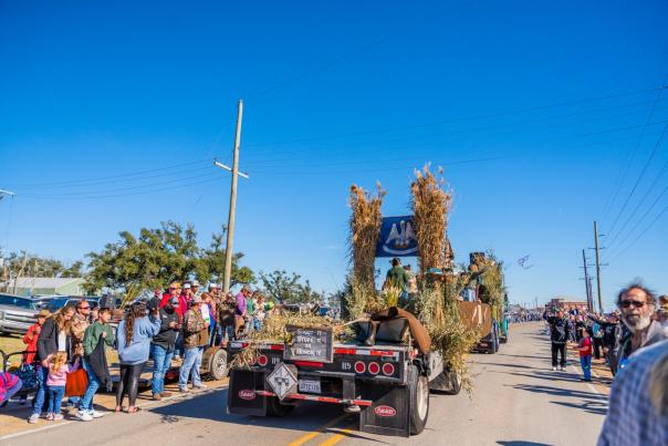 giant float covered in grass and hay with a Louisiana flag hanging from the top parading through a crowd of people