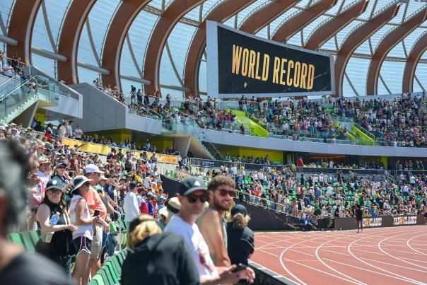 World record on big screen inside of Hayward Field