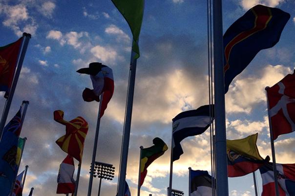 Flags against the sunset at IAAF Juniors in Eugene, OR