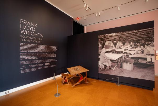 An architect's desk at The Westmoreland Museum of American Art's Frank Lloyd Wright's Southwestern Pennsylvania exhibit.