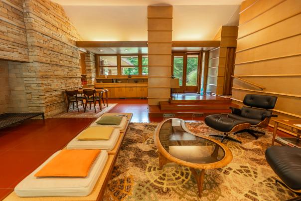The interior of Polymath Park's Duncan House, designed by Frank Lloyd Wright.
