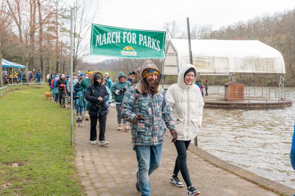 March for Parks supporters walk at Twin Lakes Park in Greensburg