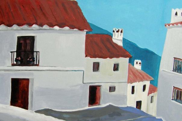 artwork by Celia Smith featuring a black cat in front of white-walled Spanish homes with red roofs