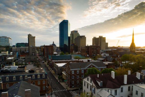 City skyline at dusk