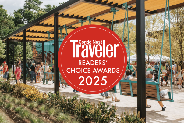 Conde Nast Traveler Readers' Choice Awards 2025 red logo over image of city park with people on swings
